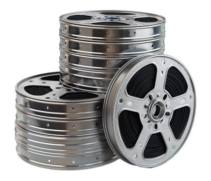 A collection of vintage film reels, stacked and arranged in a visually appealing manner, evokes nostalgia for the golden age of cinema.