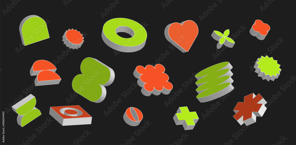 Aufkleber brutalist playful simple 3d figures floating in space, set of colorful abstract geometric shapes. is