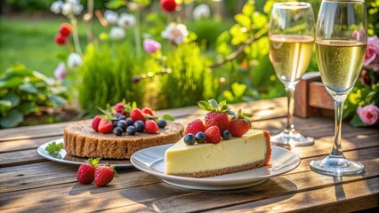 Naklejka premium Cheesecake decorado con fresas y arándanos, servido en un jardín con dos copas de champán.