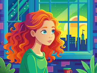 Beautiful Young Thoughtful Girl with Bright Red Curly Hair Looks Out the Window at the Morning City, AI Generation