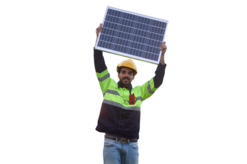 Clean energy engineer standing holding solar panels on transparent background.PNG