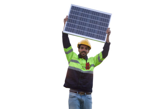 Clean energy engineer standing holding solar panels on transparent background.PNG