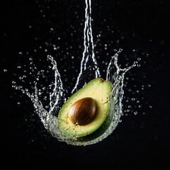 Splash water Avocado hovering in mid-air, surrounded by exquisite water arcs and drops.