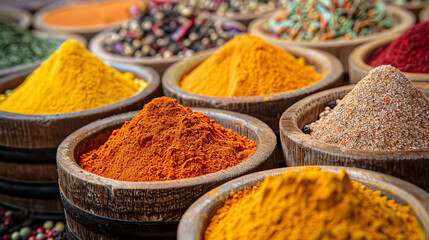 Hyper-detailed image of a spice market display, vibrant powders, textures visible