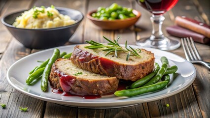 Pan de carne casero con cebolla y hierbas frescas, servido con papas fritas en un fondo rústico.