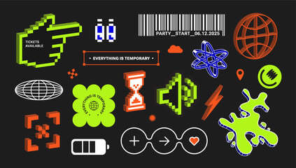 Sticker set in Y2k retro style. Neon Pixel art. Futuristic swag 3d elements. Bold modern shape for posters. Geometric abstract simple. Cool Naive Utilitarian design elements. Brutalist, fluoricent