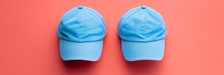 Two sky blue caps on a salmon background in a straight view minimalistic composition