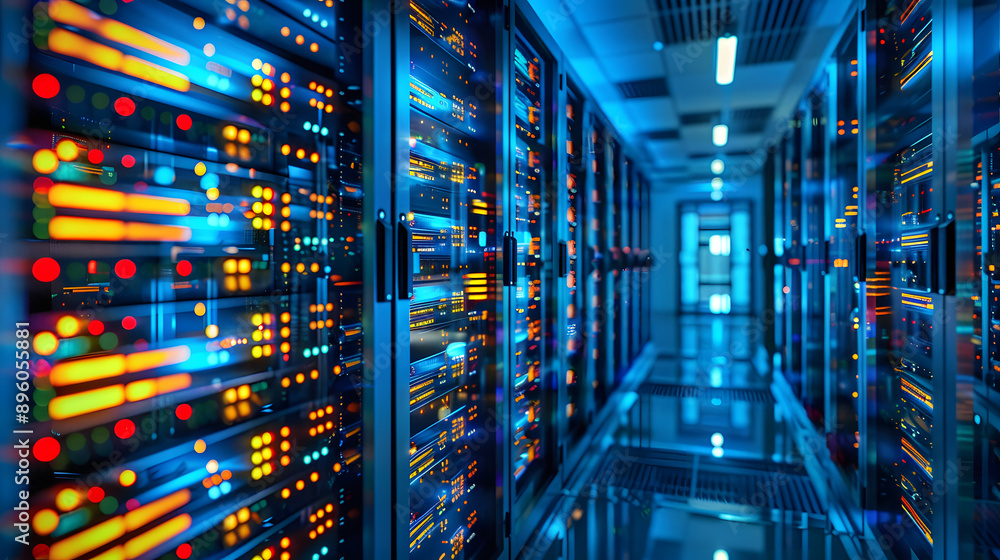 Poster abstract data center background, database in terminal storage, hardware server room, cloud computing