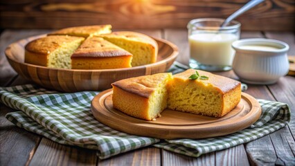 Un plato de pan de ma&iacute;z de la cocina americana, servido en un plato de cer&aacute;mica sobre una mesa de madera. El pan de ma&iacute;z est&aacute; acompa&ntilde;ado de leche y decorado con hojas de menta.