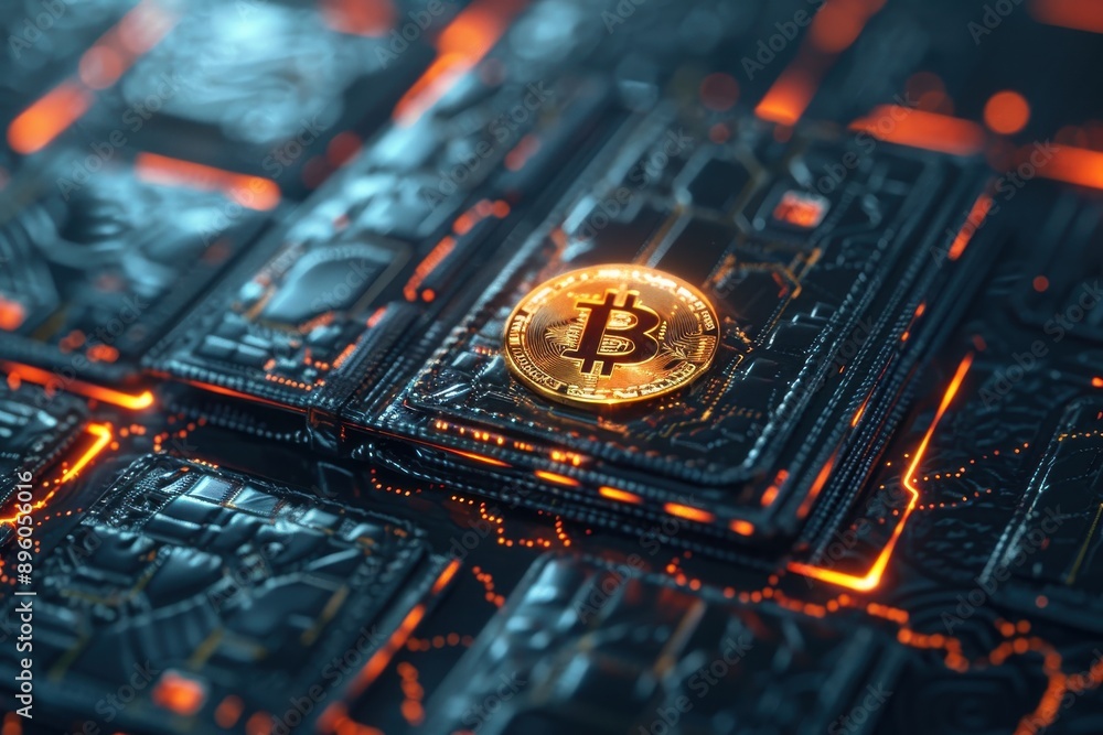 Poster close-up of a golden bitcoin on futuristic circuit board, representing cryptocurrency and digital fi