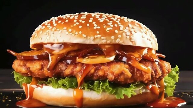 Delicious zinger burger, Lettuce, and Tomatoe, Delicious fast food concept, made with Ai generative technology, stock video, food stock videos, juicy burger, burger video, youtube food video	
