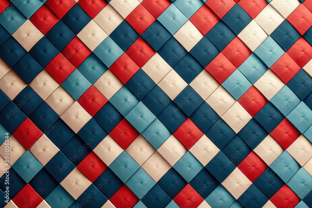 Aufkleber Abstract geometric pattern with red, blue, and white squares creating a dynamic and colorful texture background.