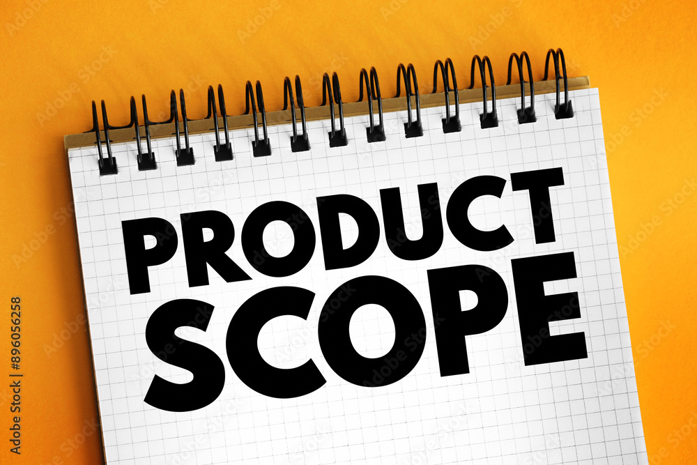 Aufkleber product scope identifies the characteristics and functions of a product or service, text concept on 