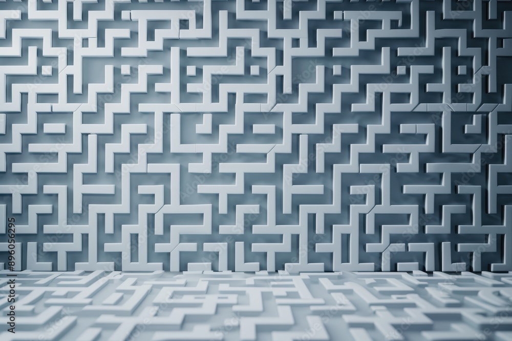 Poster abstract maze pattern with intricate geometric design in blue tones, ideal for backgrounds, presenta