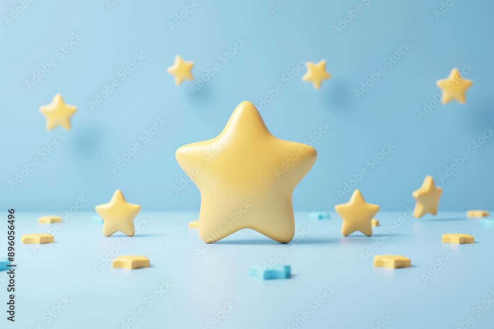 Poster Yellow star-shaped objects on a blue background creating a playful and whimsical atmosphere, perfect for a cheerful and creative design.