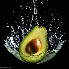 Splash water Avocado elegantly drifting through a spotless splash, each droplet joining to the visual symphony, a moment of perfect beauty.