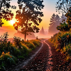 동트는 안개 낀 새벽녘 숲속