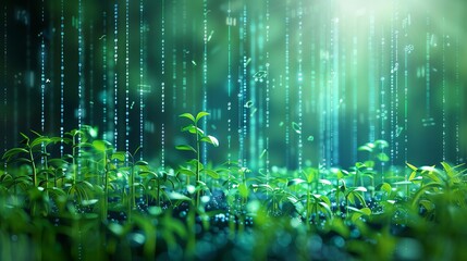 Fototapeta premium Digital jungle, neon lights, crystal clear focus, deep green hues, low-angle perspective, tech-infused nature, vibrant and sharp, HD quality