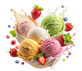 Colorful ice cream scoops with strawberries and splashes falling into creamy base
