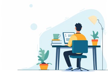 Person working at a desk with a laptop, surrounded by plants and books, illustrating remote work or study in a modern, minimalist home office.