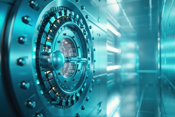 Obraz premium High-security steel vault door in a futuristic financial institution, showcasing advanced technology and safety mechanisms.