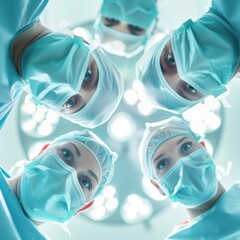 Group of surgeons dressed in surgical attire, looking down at the camera, under bright surgery lights in an operating room.