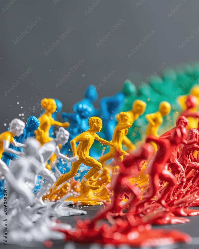 Poster colorful miniature figures running in unison, captured dynamically with splashes of paint, against a