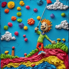 Colorful clay animation showing a joyful character under a bright blue sky, holding a red flag and surrounded by vibrant swirls.