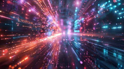 Fototapeta premium Techno-environment, digital stream, focused beams of light, bright neon accents, low-angle shot, cyber-inspired scenery, ultra-sharp, HD quality