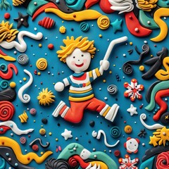 Fototapeta premium Colorful clay animation of a joyful child with various playful designs on a vibrant blue background.