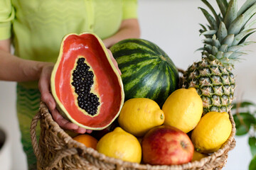 basket with fruit and homemade ceramics