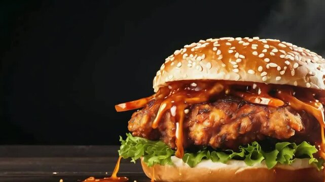 Delicious zinger burger, Lettuce, and Tomatoe, Delicious fast food concept, made with Ai generative technology, stock video, food stock videos, juicy burger, burger video, youtube food video	
