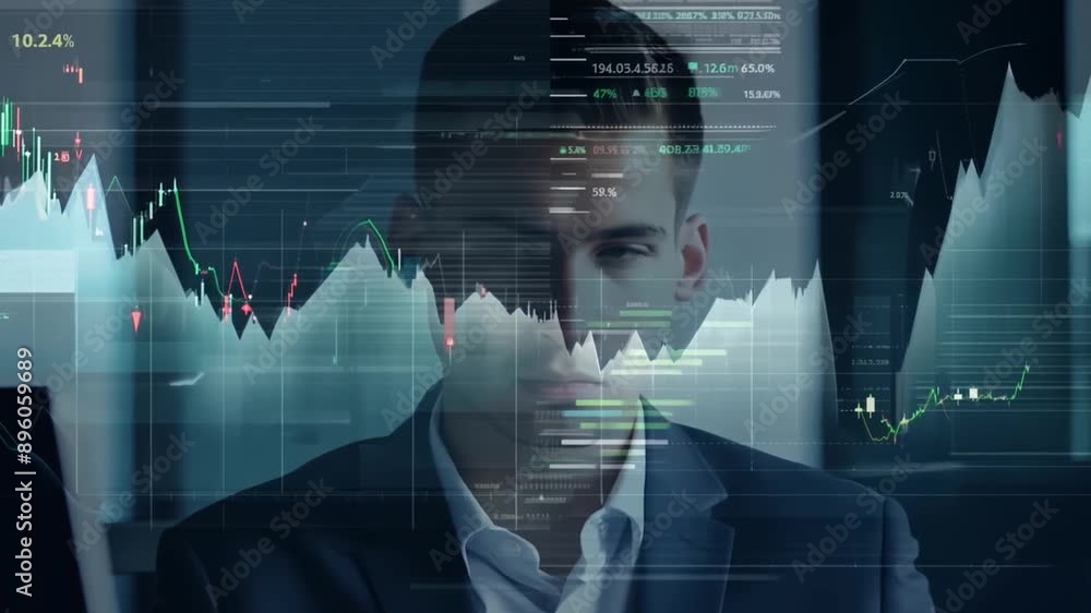 Aufkleber a man in a suit gazes at a computer screen. a double exposure of stock market data highlights the li