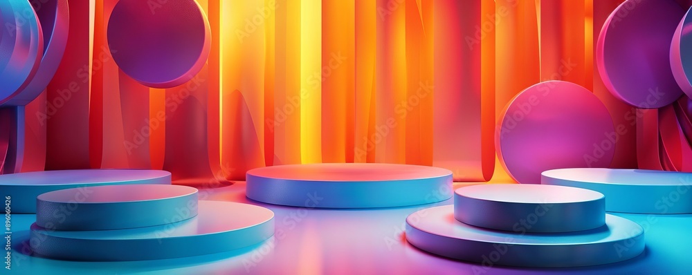Poster dynamic 3d product background with floating platforms and vibrant colors, energetic and eye-catching