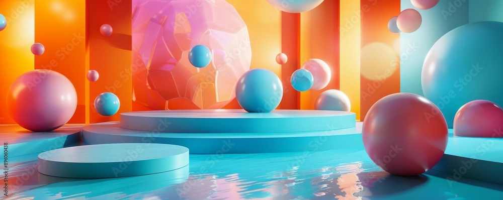 Poster dynamic 3d product background with floating platforms and vibrant colors, energetic and eye-catching