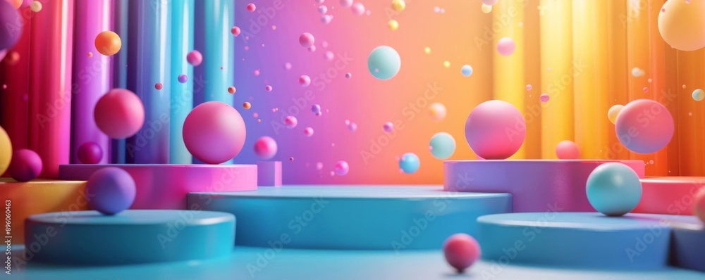 Poster dynamic 3d product background with floating platforms and vibrant colors, energetic and eye-catching