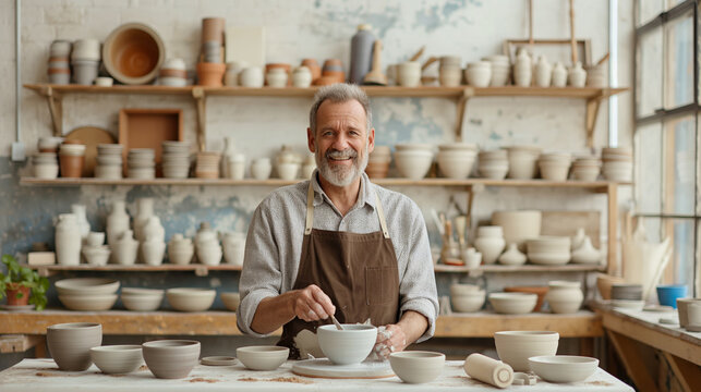 Potter working in studio surrounded by ceramic pottery. Middle-aged man crafting clay bowls. Concept of craftsmanship and creativity. - Powered by Adobe