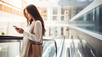 A mall escalator with shopping bags and a young woman using a cellphone in the rear. Store-hopping woman holding her phone. Find discounts with app. Shopping-friendly bank app