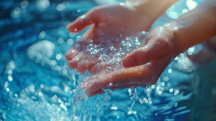 Naklejka premium Water splash or handwashing on blue background by black lady in studio for cleanliness, healthcare, or wellness. Cleaning fingers, zoom, or wet model for germs or virus safety