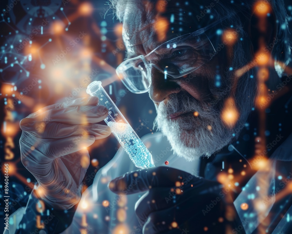 Poster senior scientist analyzing dna in lab for medical advancements with generative ai