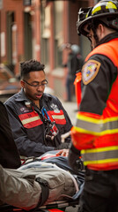 Obraz premium A paramedic in a black uniform with a red stripe tends to an injured person on a stretcher