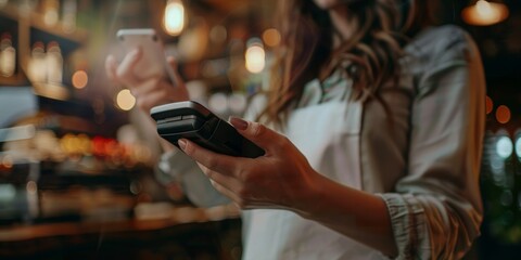 Innovative card-machine entrepreneur. A studio seamstress uses an NFC payment machine. A fashion designer with a contactless payments machine. Innovative card-machine businesswoman