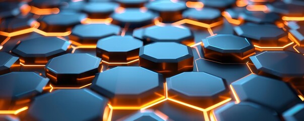 Obraz premium Futuristic 3D background with glowing hexagons, dynamic lighting, and metallic textures, perfect for tech-themed designs