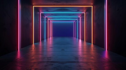 Futuristic 3D background with neon lights, geometric shapes, and dark ambiance, perfect for tech and sci-fi themes