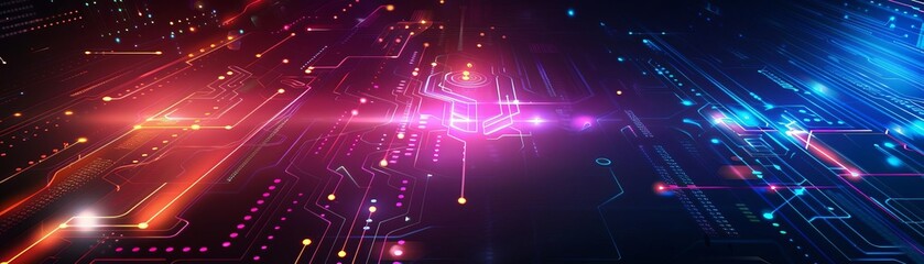 Futuristic abstract background design with neon lights, digital patterns, and dark tones, suitable for tech-themed designs
