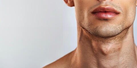 Obraz premium Beauty, wellness, and hydration studio closeup of neck, skin, and man on white Background. Model-based sweat, cosmetic, moisture, and serum throat skin care