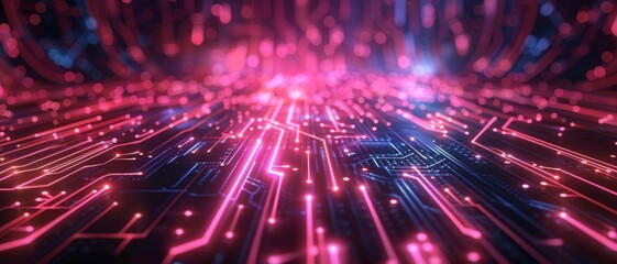 Fototapeta premium Futuristic technology abstract background with neon circuits and digital grid, high-tech and modern