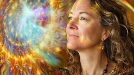 Fototapeta premium A woman with long, curly hair gazes upward at a colorful, abstract painting