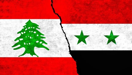 Syria and Lebanon flags together on wall. Lebanon Syria relations, economy, conflict, agreement concept. Syria vs Lebanon