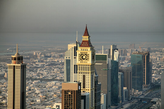 Aerial view of modern skyscrapers and buildings along Sheikh Zayed Road, Dubai, United Arab Emirates.